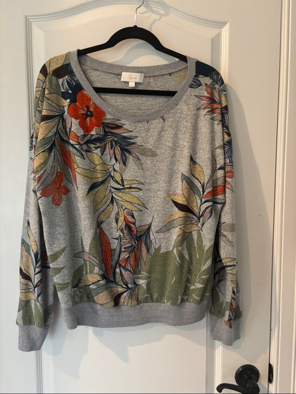 Anthropologie Brave Gray Floral Scoopneck Sweatshirt with Olive & Rust Accents